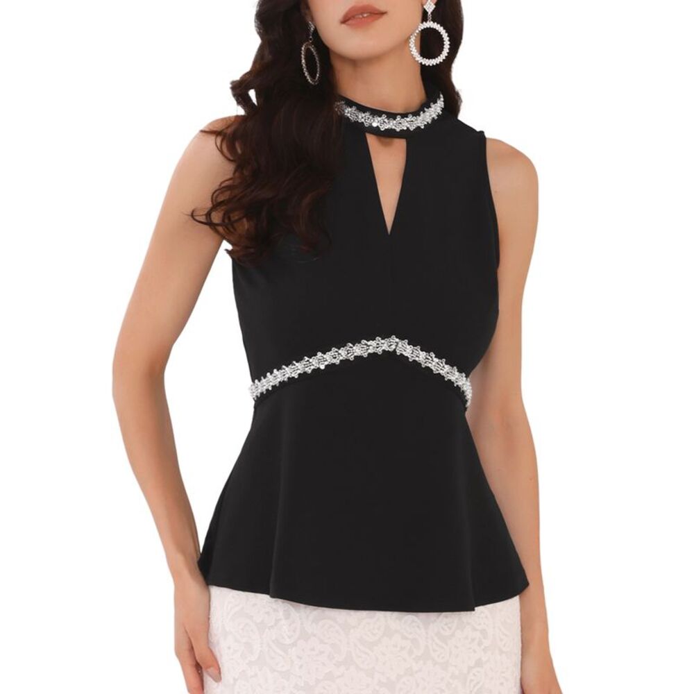 Halter Rhinestone Beaded Keyhole Sleeveless Cocktail Sparkle Blouse Black